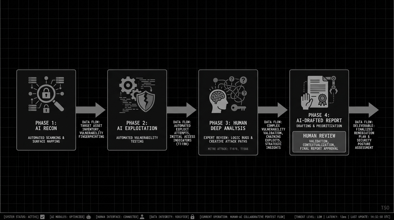 Human-AI pentesting workflow: AI recon, AI exploitation, human deep analysis, AI-drafted report with human review