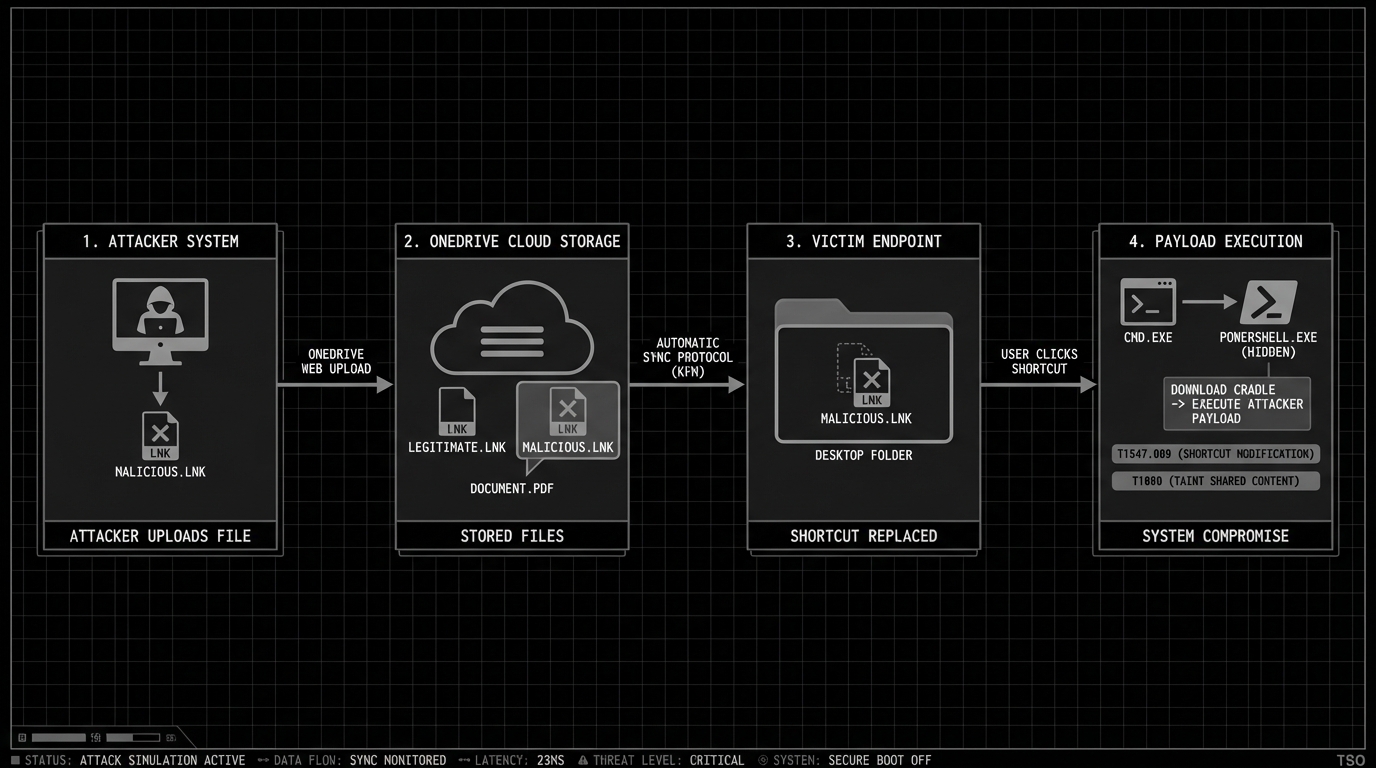LNK file replacement attack flow: attacker uploads malicious shortcut via OneDrive web, sync client pulls it to victim desktop