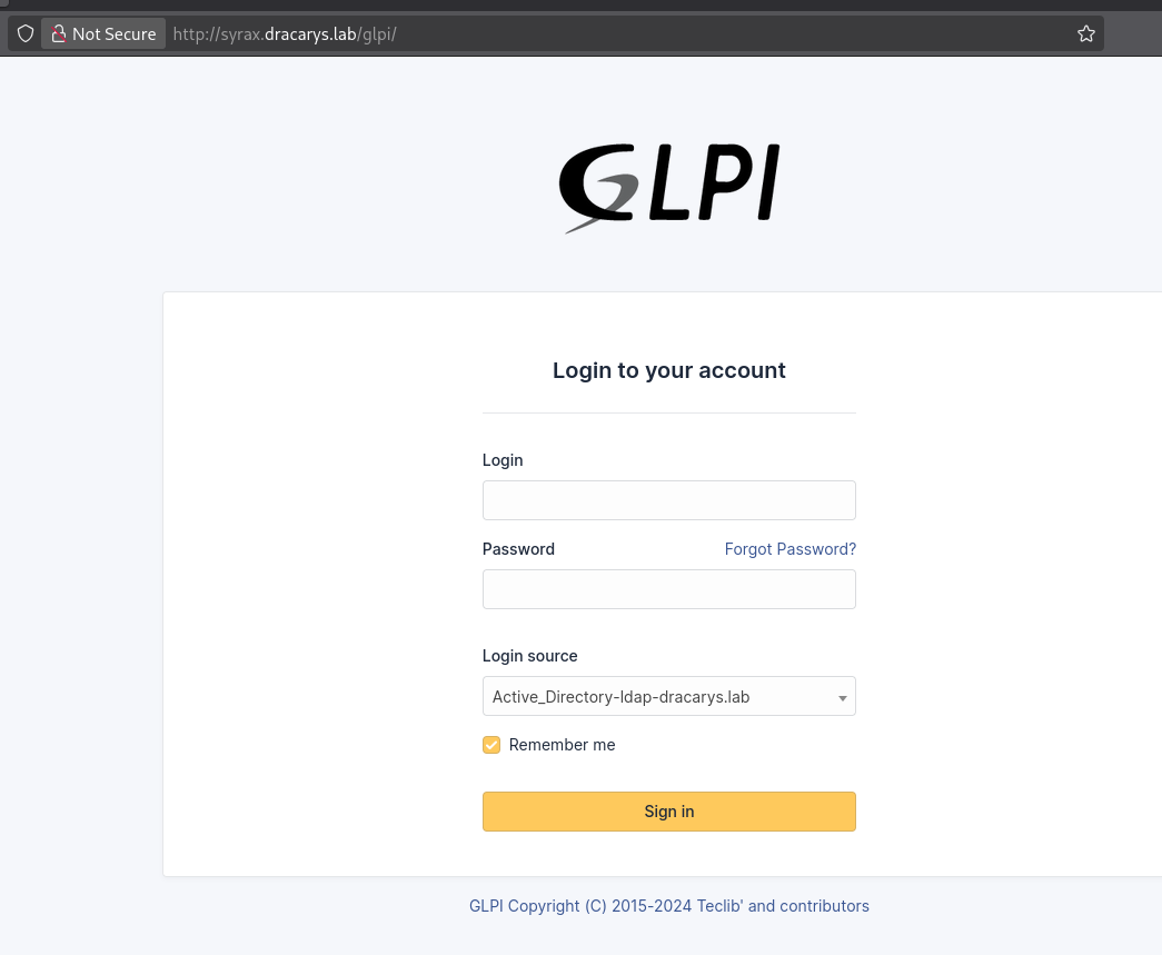 GLPI login page with AD LDAP integration