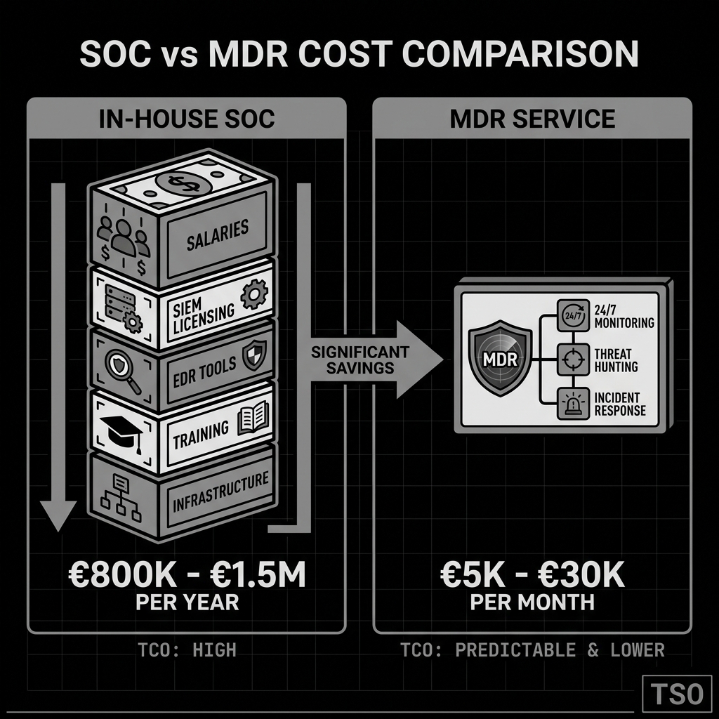 In-house SOC costs 800K to 1.5M EUR per year versus MDR service at 5K to 30K EUR per month