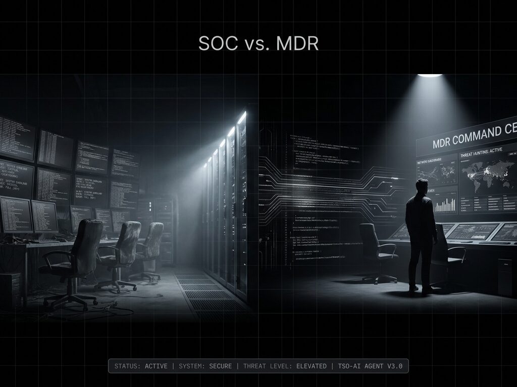 In-house SOC versus outsourced MDR comparison - security operations center with empty chairs versus active MDR command center