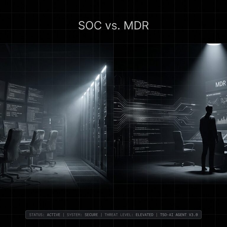 In-house SOC versus outsourced MDR comparison - security operations center with empty chairs versus active MDR command center