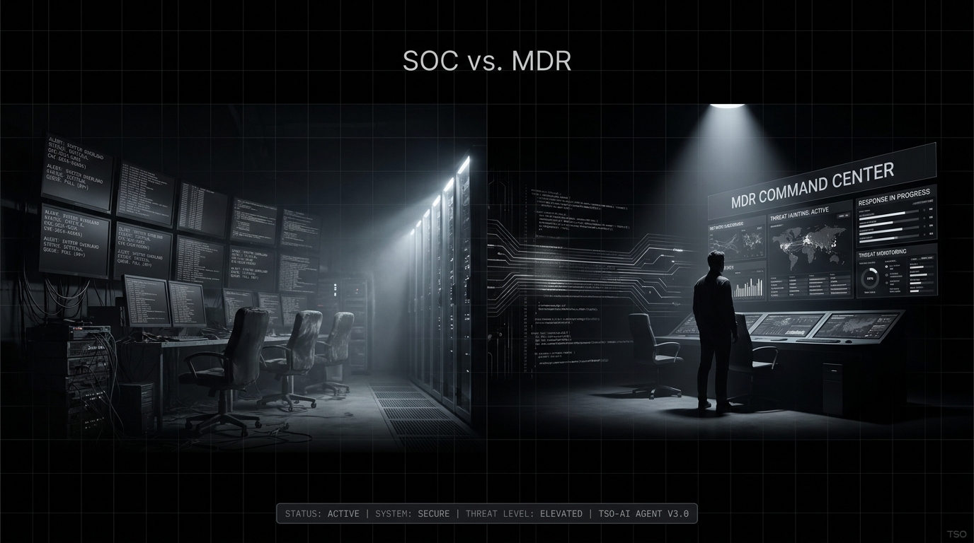 In-house SOC versus outsourced MDR comparison - security operations center with empty chairs versus active MDR command center