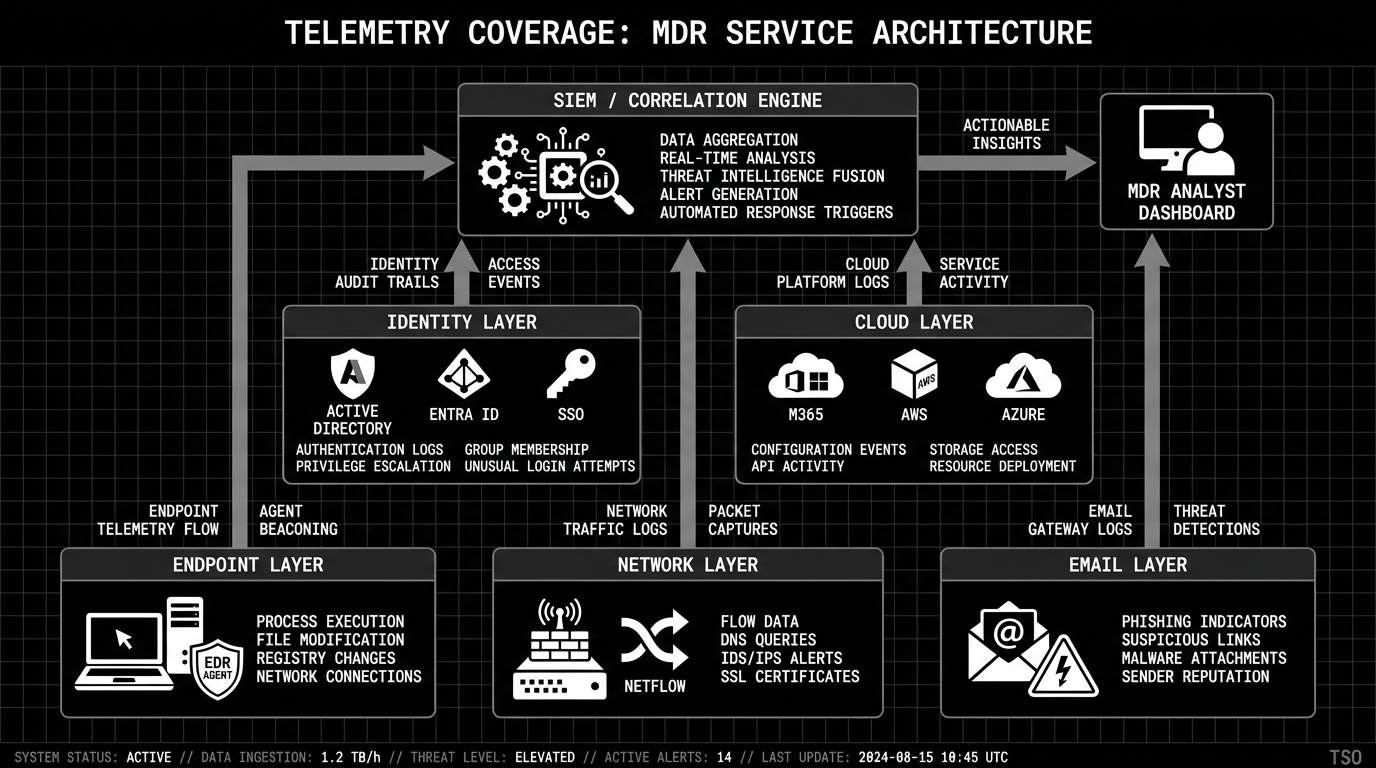 MDR telemetry coverage diagram showing five layers - endpoint, network, identity, cloud, and email - flowing into SIEM correlation engine